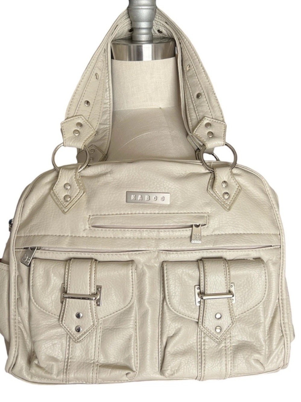 Cream Leather Shoulder Mommy Bag with Padded Tech Pocket